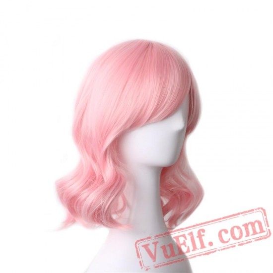 Short Wig Pink Wig Bangs Women Wavy Bob Wigs