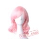 Short Wig Pink Wig Bangs Women Wavy Bob Wigs