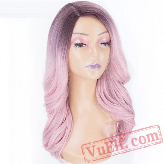 Light Purple Pink Long Wavy Hair Wigs Ash Purple Roots Wig