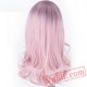 Light Purple Pink Long Wavy Hair Wigs Ash Purple Roots Wig