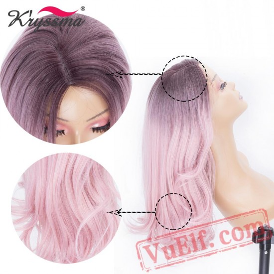 Light Purple Pink Long Wavy Hair Wigs Ash Purple Roots Wig