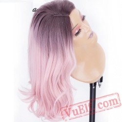 Light Purple Pink Long Wavy Hair Wigs Ash Purple Roots Wig
