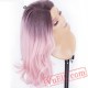 Light Purple Pink Long Wavy Hair Wigs Ash Purple Roots Wig