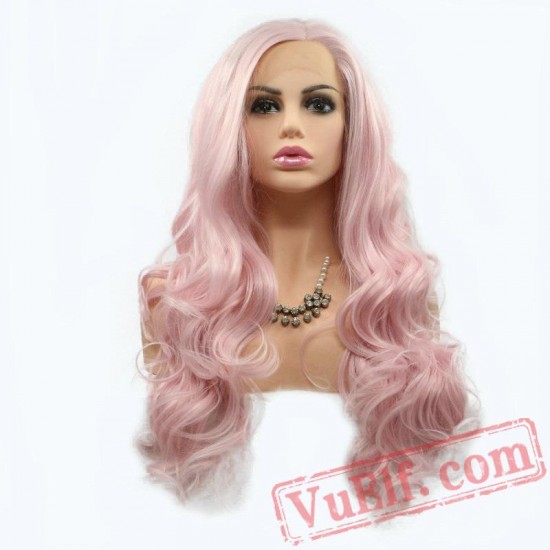 Pink Cosplay Long Hair Wave Lace Front Wigs Girls Ladies Women