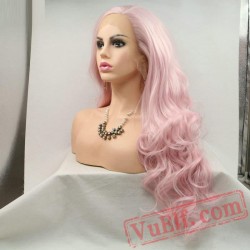 Pink Cosplay Long Hair Wave Lace Front Wigs Girls Ladies Women