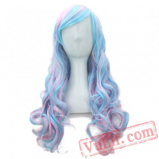 Long Women Hair Wigs Pink Blue Hair Cosplay Wig Peruca