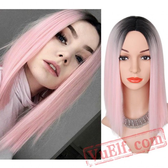 Black Pink Straight Wigs Short Black Hair Women