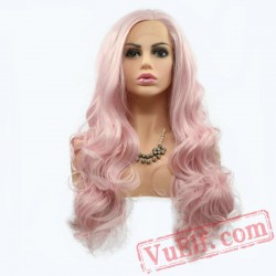 Pink Wavy Long Hair Lace Front Wigs Women Natural Sakura pink