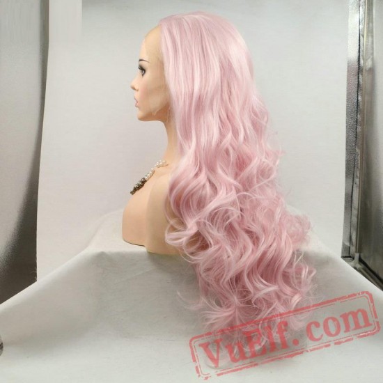 Pink Wavy Long Hair Lace Front Wigs Women Natural Sakura pink