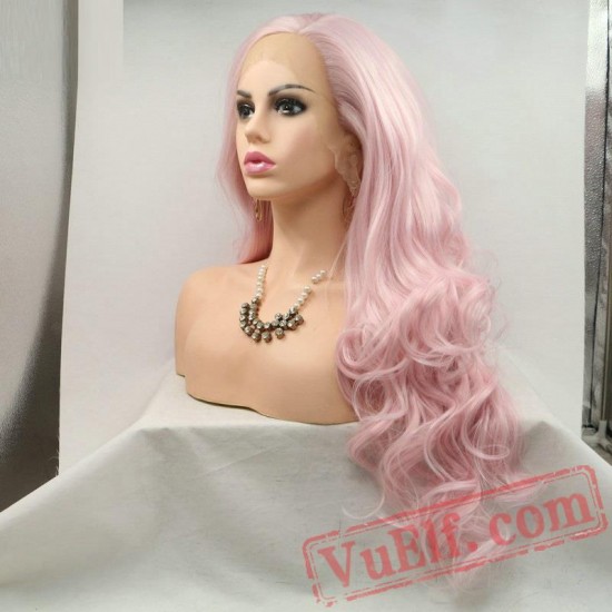 Pink Wavy Long Hair Lace Front Wigs Women Natural Sakura pink