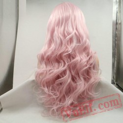 Pink Wavy Long Hair Lace Front Wigs Women Natural Sakura pink