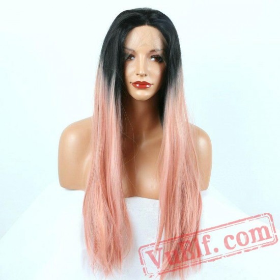 Long Straight Black Pink Wig Pastel Two Tone Lace Front Wigs
