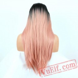 Long Straight Black Pink Wig Pastel Two Tone Lace Front Wigs