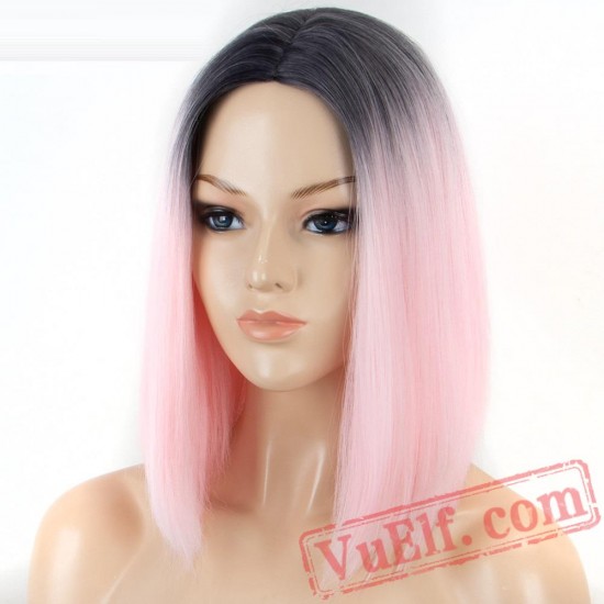 Short Bob Pink Wig Dark Roots Pink Straight Wigs Women Black Roots