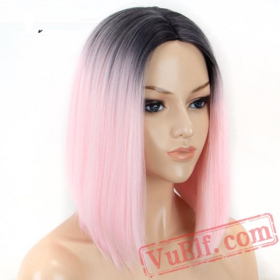 Short Bob Pink Wig Dark Roots Pink Straight Wigs Women Black Roots