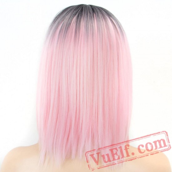 Short Bob Pink Wig Dark Roots Pink Straight Wigs Women Black Roots