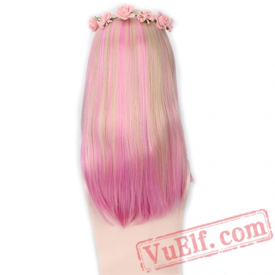 Blonde Pink Wig Bang Natural Hair Long Straight Wigs Women