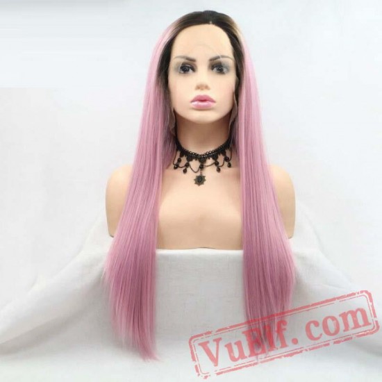 Pink Long Silky Straight Wigs Women Hair Dark Roots Lace Front Wigs