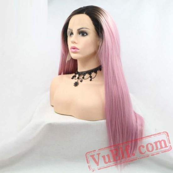 Pink Long Silky Straight Wigs Women Hair Dark Roots Lace Front Wigs
