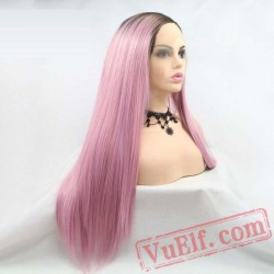 Pink Long Silky Straight Wigs Women Hair Dark Roots Lace Front Wigs