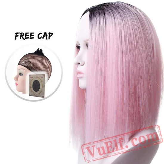 Bob Wigs Women African American Ladies Short Cosplay Pink Wig