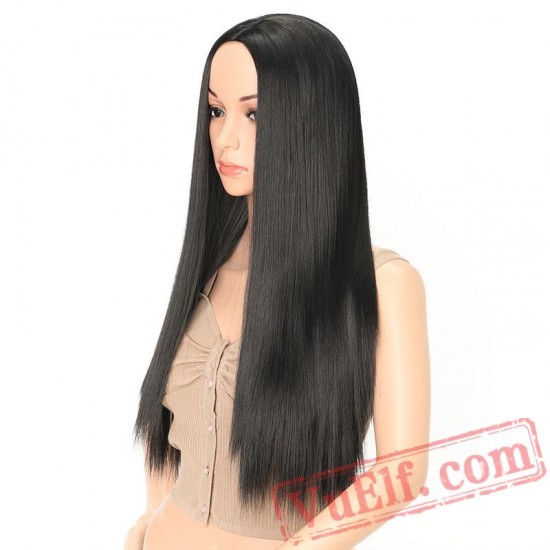 Long Straight Black Pink Wig African American