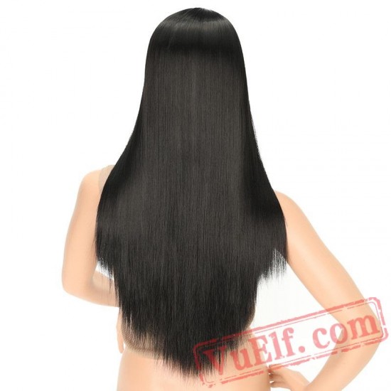 Long Straight Black Pink Wig African American