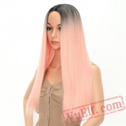 Long Straight Black Pink Wig African American