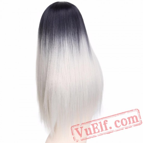 Long Straight Wig Bangs Pink Hair Grey Women Club Wig Cosplay