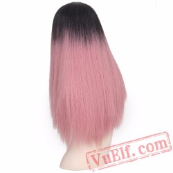 Long Straight Wig Bangs Pink Hair Grey Women Club Wig Cosplay