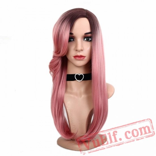 Long Straight Wavy Bangs Pink Wigs Women Two Tones Natural Hair