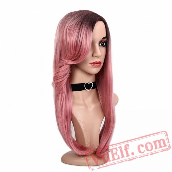 Long Straight Wavy Bangs Pink Wigs Women Two Tones Natural Hair