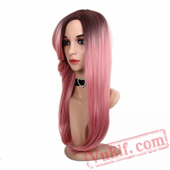 Long Straight Wavy Bangs Pink Wigs Women Two Tones Natural Hair