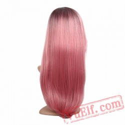 Long Straight Wavy Bangs Pink Wigs Women Two Tones Natural Hair