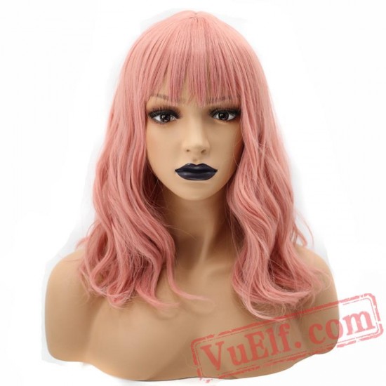 Pink Short Wave Bob Black Grey Wig White Women Bangs