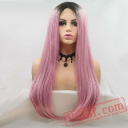 Pink Long Silky Straight Hair Wigs Lace Women Hair