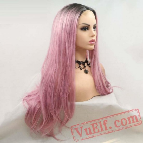 Pink Long Silky Straight Hair Wigs Lace Women Hair