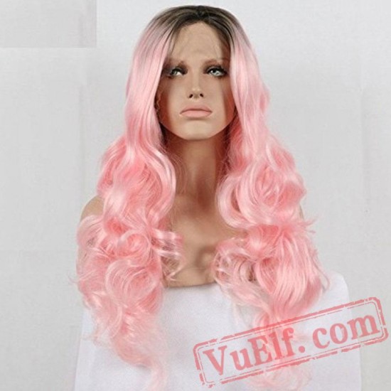 Pink Long Wave Wigs Natural Lace Front Wig Women