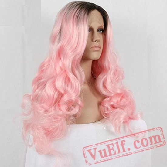 Pink Long Wave Wigs Natural Lace Front Wig Women