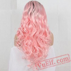 Pink Long Wave Wigs Natural Lace Front Wig Women