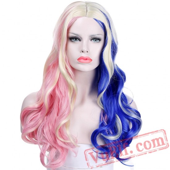 Harley Quinn Wig Mixed Blue Pink Long Wavy Wig