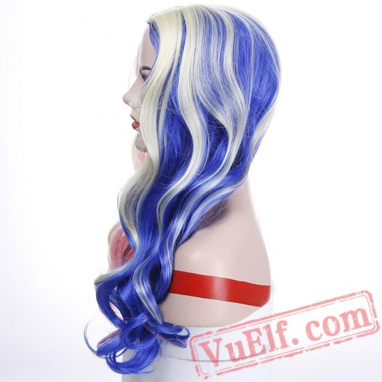 Harley Quinn Wig Mixed Blue Pink Long Wavy Wig