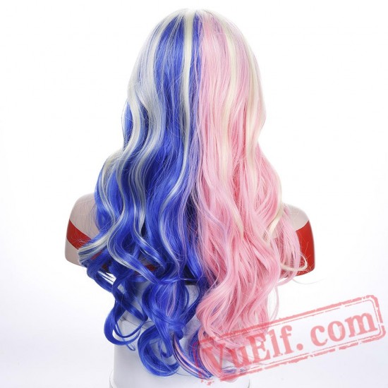 Harley Quinn Wig Mixed Blue Pink Long Wavy Wig