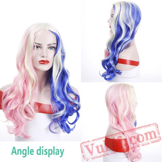 Harley Quinn Wig Mixed Blue Pink Long Wavy Wig