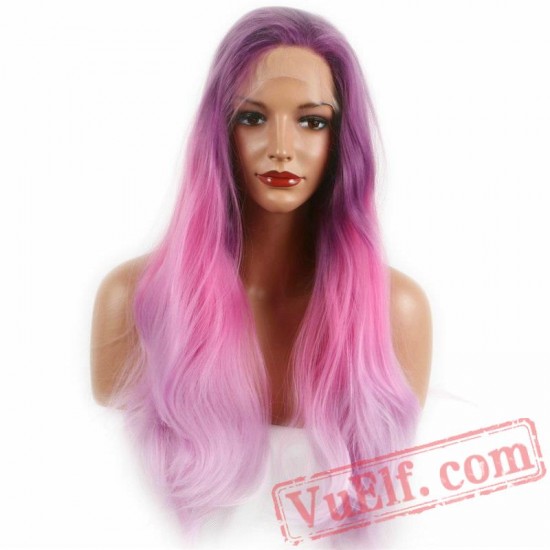 Dark Purple Pink Long Wave Wig Lace Front Women Wigs Lady