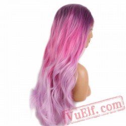 Dark Purple Pink Long Wave Wig Lace Front Women Wigs Lady