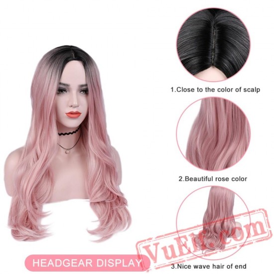 Long Pink Cosplay Wavy Black Wigs Black Women Wave Pink Wig