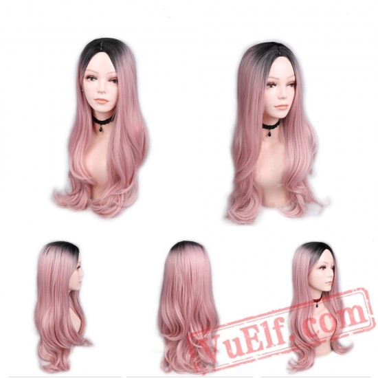 Long Pink Cosplay Wavy Black Wigs Black Women Wave Pink Wig