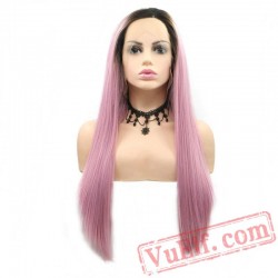 Lace Front Wig Long Silky Straight Hair Wig Pink Wig Women Girls Party Cosplay
