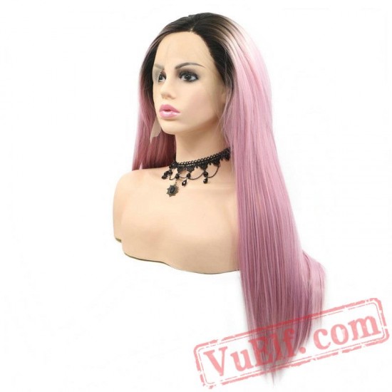 Lace Front Wig Long Silky Straight Hair Wig Pink Wig Women Girls Party Cosplay